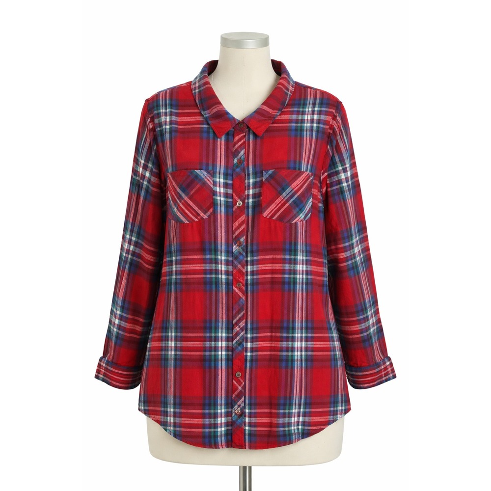 Terra & Sky‎ Women 1X Plaid Flannel Button Down Shirt Red Camping Hiking Cozy